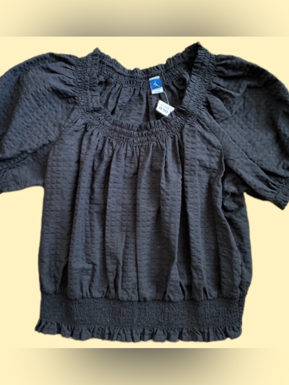 NWT~Black Cropped Smocked Peasant Shirt, Boho, Hippie, Women’s Large, Old Navy